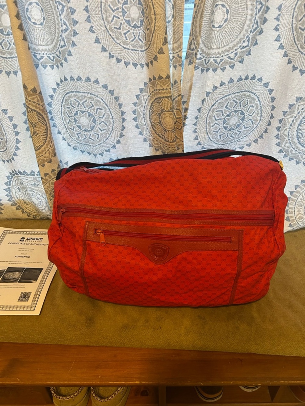 Gucci Red Nylon Duffel Crossbody Bag with Subtle Monogram COA included